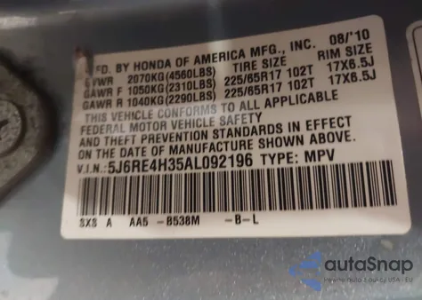 2010 Honda Cr-V Lx from USA, damaged, VIN 5J6RE4H35AL092196